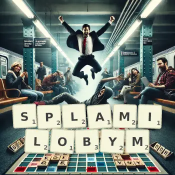 Kreatywna ilustracja do gry w Scrabble ze słowem SPLAMILOBYM ułożonym z płytek na planszy.