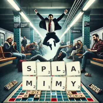 Kreatywna ilustracja do gry w Scrabble ze słowem SPLAMIMY ułożonym z płytek na planszy.