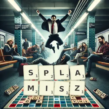 Kreatywna ilustracja do gry w Scrabble ze słowem SPLAMISZ ułożonym z płytek na planszy.