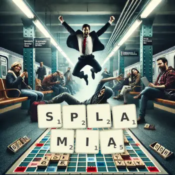 Kreatywna ilustracja do gry w Scrabble ze słowem SPLAMIĄ ułożonym z płytek na planszy.