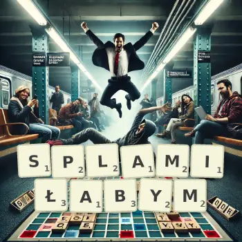 Kreatywna ilustracja do gry w Scrabble ze słowem SPLAMIŁABYM ułożonym z płytek na planszy.