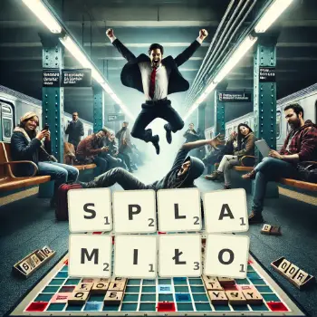 Kreatywna ilustracja do gry w Scrabble ze słowem SPLAMIŁO ułożonym z płytek na planszy.