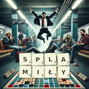 Kreatywna ilustracja do gry w Scrabble ze słowem SPLAMIŁY ułożonym z płytek na planszy.