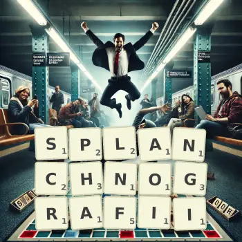 Kreatywna ilustracja do gry w Scrabble ze słowem SPLANCHNOGRAFII ułożonym z płytek na planszy.