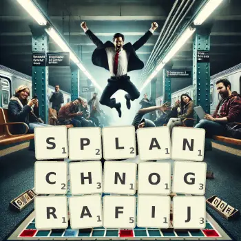 Kreatywna ilustracja do gry w Scrabble ze słowem SPLANCHNOGRAFIJ ułożonym z płytek na planszy.