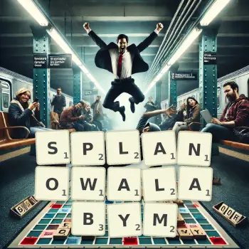 Kreatywna ilustracja do gry w Scrabble ze słowem SPLANOWALABYM ułożonym z płytek na planszy.