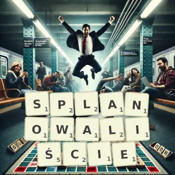Kreatywna ilustracja do gry w Scrabble ze słowem SPLANOWALIŚCIE ułożonym z płytek na planszy.