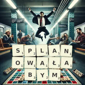 Kreatywna ilustracja do gry w Scrabble ze słowem SPLANOWAŁABYM ułożonym z płytek na planszy.