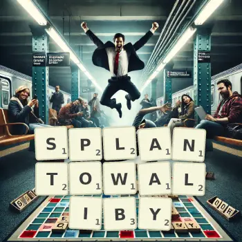 Kreatywna ilustracja do gry w Scrabble ze słowem SPLANTOWALIBY ułożonym z płytek na planszy.