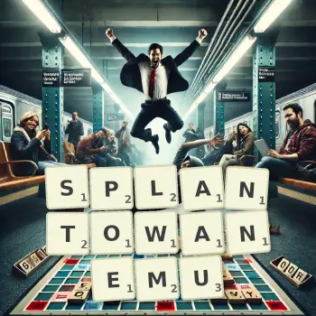 Kreatywna ilustracja do gry w Scrabble ze słowem SPLANTOWANEMU ułożonym z płytek na planszy.