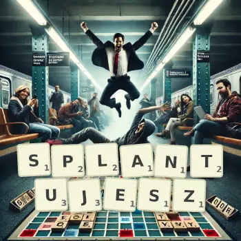 Kreatywna ilustracja do gry w Scrabble ze słowem SPLANTUJESZ ułożonym z płytek na planszy.