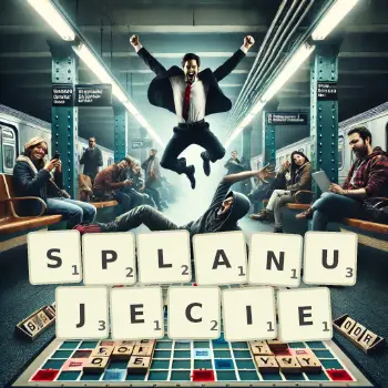 Kreatywna ilustracja do gry w Scrabble ze słowem SPLANUJECIE ułożonym z płytek na planszy.