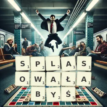 Kreatywna ilustracja do gry w Scrabble ze słowem SPLASOWAŁABYŚ ułożonym z płytek na planszy.