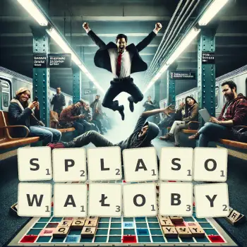 Kreatywna ilustracja do gry w Scrabble ze słowem SPLASOWAŁOBY ułożonym z płytek na planszy.