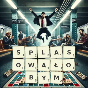 Kreatywna ilustracja do gry w Scrabble ze słowem SPLASOWAŁOBYM ułożonym z płytek na planszy.