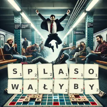 Kreatywna ilustracja do gry w Scrabble ze słowem SPLASOWAŁYBY ułożonym z płytek na planszy.