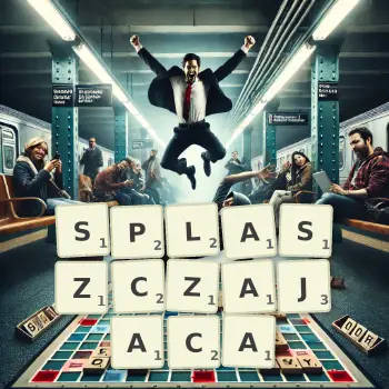 Kreatywna ilustracja do gry w Scrabble ze słowem SPLASZCZAJACA ułożonym z płytek na planszy.