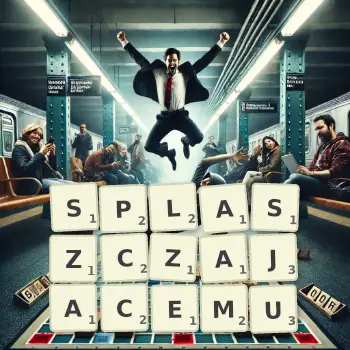 Kreatywna ilustracja do gry w Scrabble ze słowem SPLASZCZAJACEMU ułożonym z płytek na planszy.
