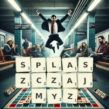 Kreatywna ilustracja do gry w Scrabble ze słowem SPLASZCZAJMYZ ułożonym z płytek na planszy.