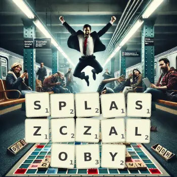 Kreatywna ilustracja do gry w Scrabble ze słowem SPLASZCZALOBY ułożonym z płytek na planszy.