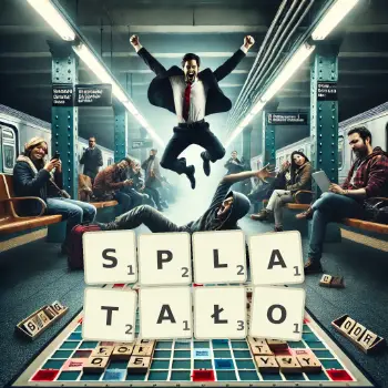 Kreatywna ilustracja do gry w Scrabble ze słowem SPLATAŁO ułożonym z płytek na planszy.