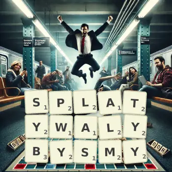 Kreatywna ilustracja do gry w Scrabble ze słowem SPLATYWALYBYSMY ułożonym z płytek na planszy.