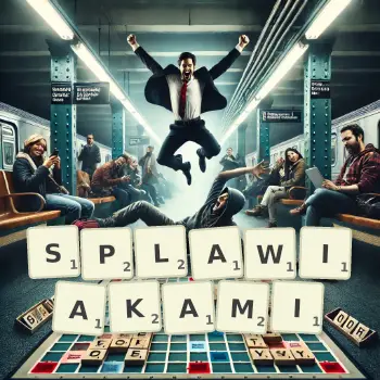 Kreatywna ilustracja do gry w Scrabble ze słowem SPLAWIAKAMI ułożonym z płytek na planszy.