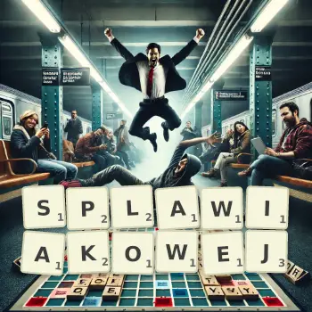 Kreatywna ilustracja do gry w Scrabble ze słowem SPLAWIAKOWEJ ułożonym z płytek na planszy.