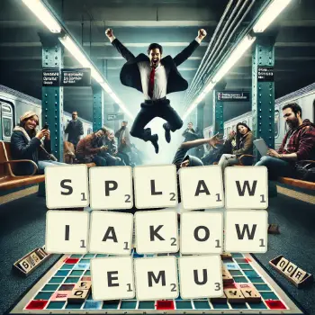 Kreatywna ilustracja do gry w Scrabble ze słowem SPLAWIAKOWEMU ułożonym z płytek na planszy.