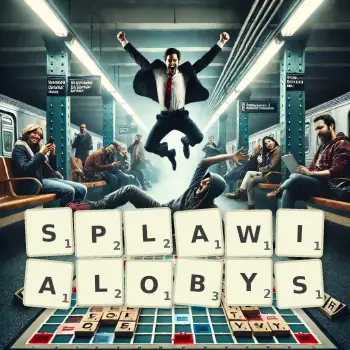 Kreatywna ilustracja do gry w Scrabble ze słowem SPLAWIALOBYS ułożonym z płytek na planszy.
