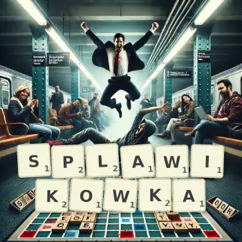 Kreatywna ilustracja do gry w Scrabble ze słowem SPLAWIKOWKA ułożonym z płytek na planszy.