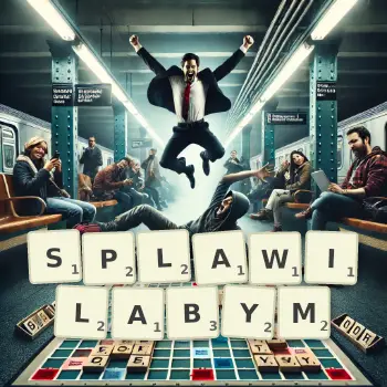 Kreatywna ilustracja do gry w Scrabble ze słowem SPLAWILABYM ułożonym z płytek na planszy.
