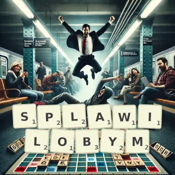 Kreatywna ilustracja do gry w Scrabble ze słowem SPLAWILOBYM ułożonym z płytek na planszy.