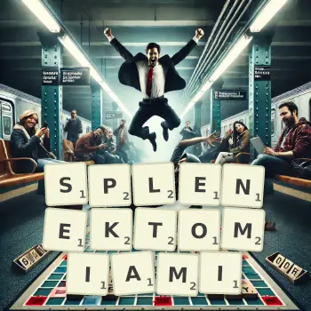 Kreatywna ilustracja do gry w Scrabble ze słowem SPLENEKTOMIAMI ułożonym z płytek na planszy.