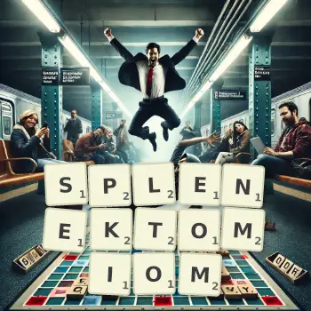 Kreatywna ilustracja do gry w Scrabble ze słowem SPLENEKTOMIOM ułożonym z płytek na planszy.