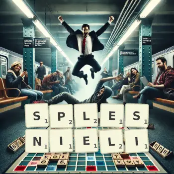 Kreatywna ilustracja do gry w Scrabble ze słowem SPLESNIELI ułożonym z płytek na planszy.