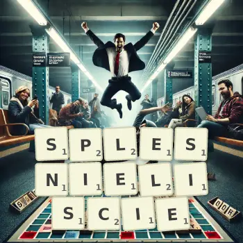 Kreatywna ilustracja do gry w Scrabble ze słowem SPLESNIELISCIE ułożonym z płytek na planszy.