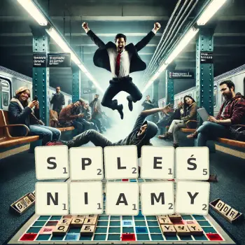 Kreatywna ilustracja do gry w Scrabble ze słowem SPLEŚNIAMY ułożonym z płytek na planszy.