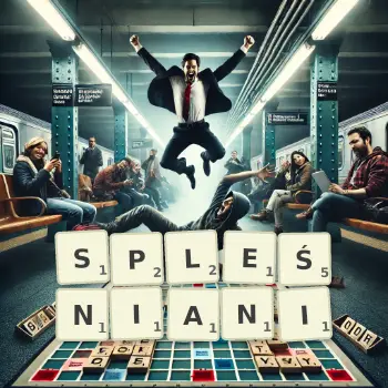 Kreatywna ilustracja do gry w Scrabble ze słowem SPLEŚNIANI ułożonym z płytek na planszy.