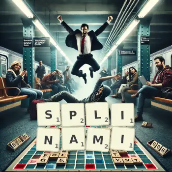 Kreatywna ilustracja do gry w Scrabble ze słowem SPLINAMI ułożonym z płytek na planszy.