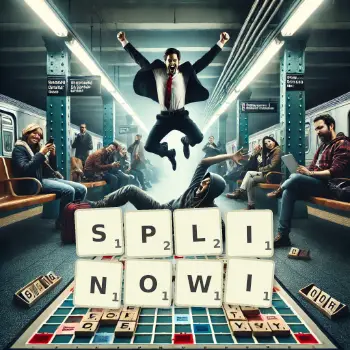 Kreatywna ilustracja do gry w Scrabble ze słowem SPLINOWI ułożonym z płytek na planszy.