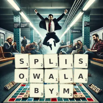 Kreatywna ilustracja do gry w Scrabble ze słowem SPLISOWALABYM ułożonym z płytek na planszy.