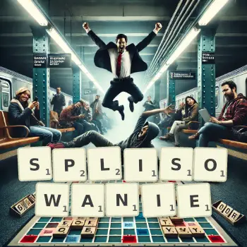 Kreatywna ilustracja do gry w Scrabble ze słowem SPLISOWANIE ułożonym z płytek na planszy.