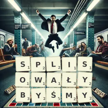 Kreatywna ilustracja do gry w Scrabble ze słowem SPLISOWAŁYBYŚMY ułożonym z płytek na planszy.
