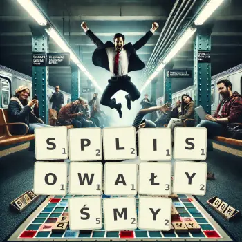 Kreatywna ilustracja do gry w Scrabble ze słowem SPLISOWAŁYŚMY ułożonym z płytek na planszy.