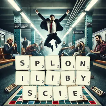Kreatywna ilustracja do gry w Scrabble ze słowem SPLONILIBYSCIE ułożonym z płytek na planszy.
