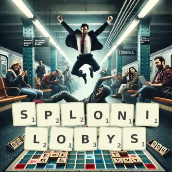 Kreatywna ilustracja do gry w Scrabble ze słowem SPLONILOBYS ułożonym z płytek na planszy.