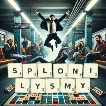 Kreatywna ilustracja do gry w Scrabble ze słowem SPLONILYSMY ułożonym z płytek na planszy.