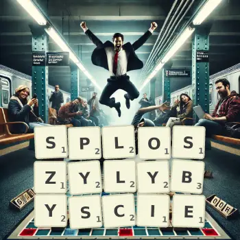 Kreatywna ilustracja do gry w Scrabble ze słowem SPLOSZYLYBYSCIE ułożonym z płytek na planszy.