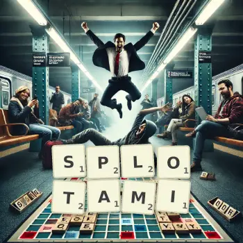 Kreatywna ilustracja do gry w Scrabble ze słowem SPLOTAMI ułożonym z płytek na planszy.